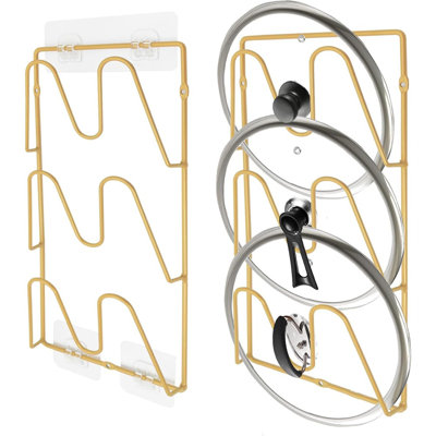 2-pack Pot Lid Organizer Rack, 6-tier Rustproof Adhesive Mount Pot Lid Holder For Cabinet Door Or Wall, No-drill Kitchen Pot & Pan Cover Storage (gold)