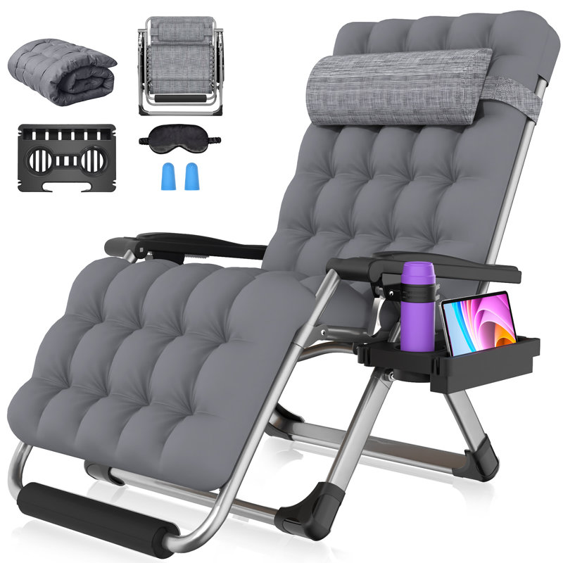 Très grand fauteuil pliant zéro gravité XXL, méridienne inclinable 33 po avec coussins et appui-tête, Gris fossile