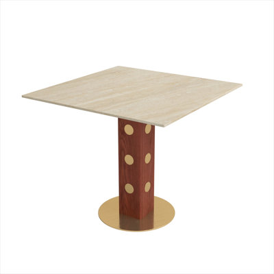 Table de salle à manger carrée moderne pour petits espaces, plateau en pierre frittée blanc doux avec pieds en bois et base dorée, 33,5 po, sièges 2