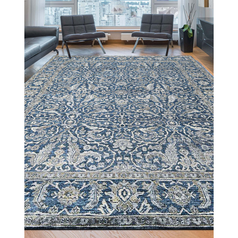 Hand Knotted Wool Area Rug in Blue, Rectangle 8' x 10'