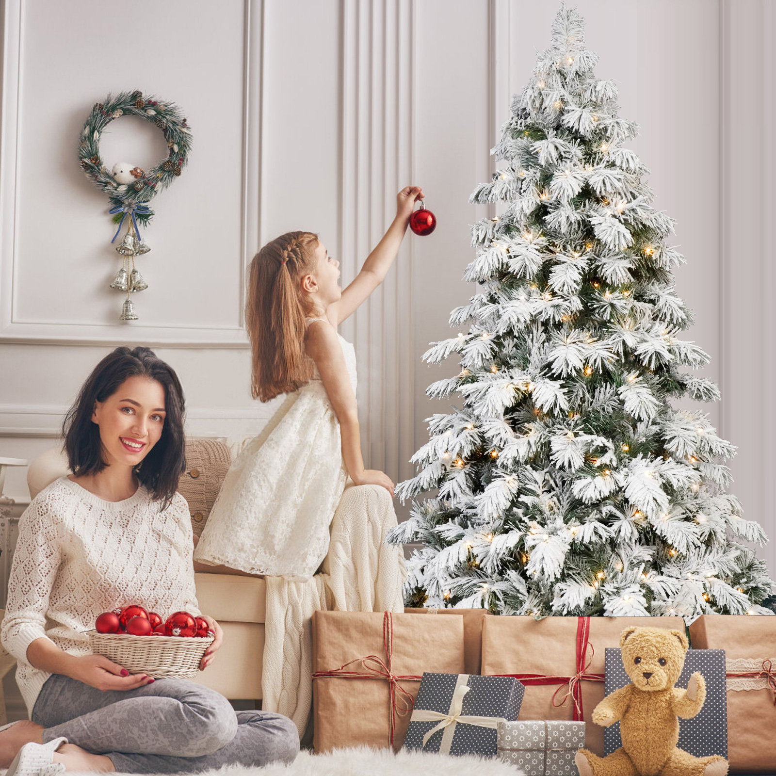 Flocked 8' Pre-Lit Christmas Tree, 5'