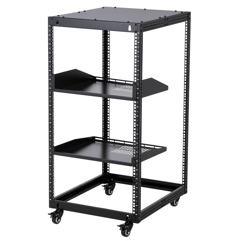Étagère 20U à 2 plateaux et roulettes, armoire de service ajustable en acier au carbone de 22 à 40 po pour équipement audiovisuel, avec gants