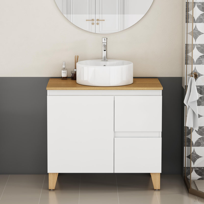 Meuble-lavabo monté avec lavabo, système de fermeture en douceur, lavabo en céramique, bois massif, facile à installer, conception unique sans poignée
