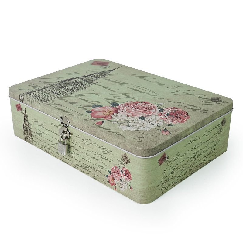 Vintage Letter Paper Cookie Container Decorative Secret Box With Key And Lock, Green