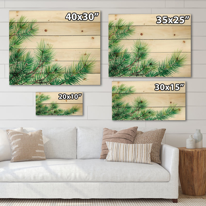 Branches de pin - impression traditionnelle sur bois de pin naturel, H 15 po x l 30 po x P 0,78 po