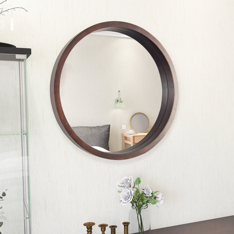 Miroir rond trempé pour salle de bain, 24 po x 24 po, Noyer brun, Bois