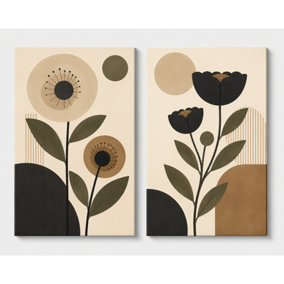 Très grand ensemble de 2 impressions sur toile murales florales noires, décoration botanique scandinave moderne pour le bureau du salon, impression sur toile 24 x 36 pouces - prête à être accrochée