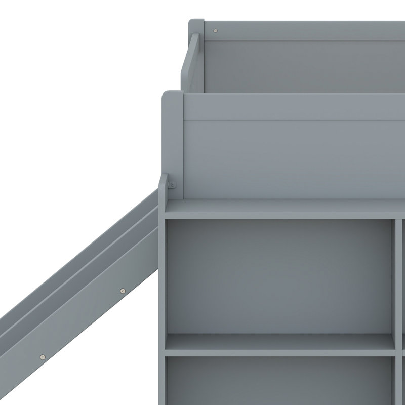 Bed Frame Featuring Storage Shelf, Slide, Ladder and Protective Guardrail, Gray