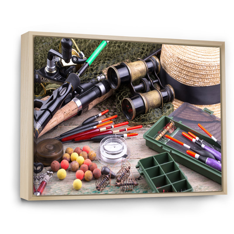 " Fishing Supplies Layout ", 30" H x 40" W x 1.5" D, Natural Floater Framed