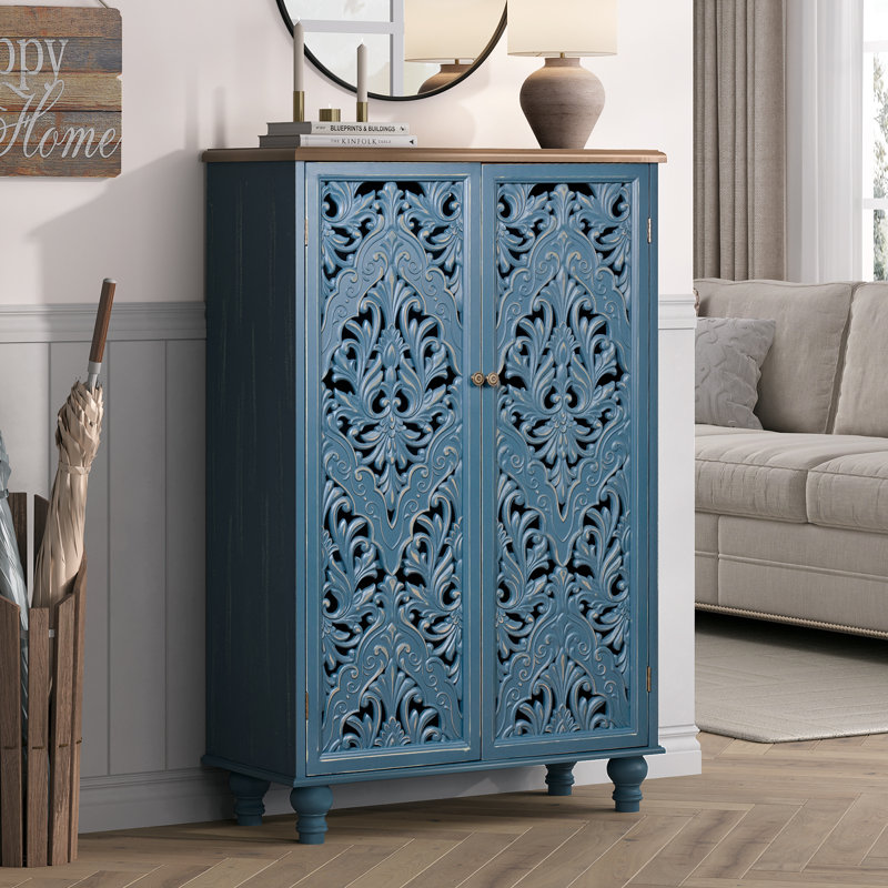 Tall Storage Cabinet,Accent Chest,Accent Cabinet with Doors,Sideboard Buffet with Shelves, Blue/Walnut