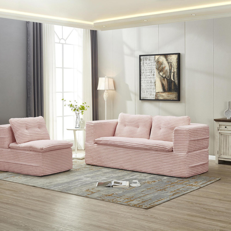 Canapé-lit modulaire multifonctionnel avec méridienne indépendante et couverture fonctionnelle, canapé en velours côtelé moelleux, canapé-lit convertible, très grand lit de 80 po, canapé moelleux à assise profonde, rose pastel