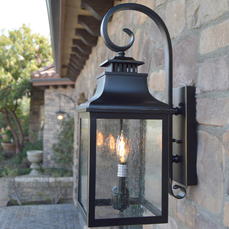 Raedawn Seeded Glass Outdoor Wall Lantern, 23'' H X 8.75'' W X 11.5' D., 2, Black