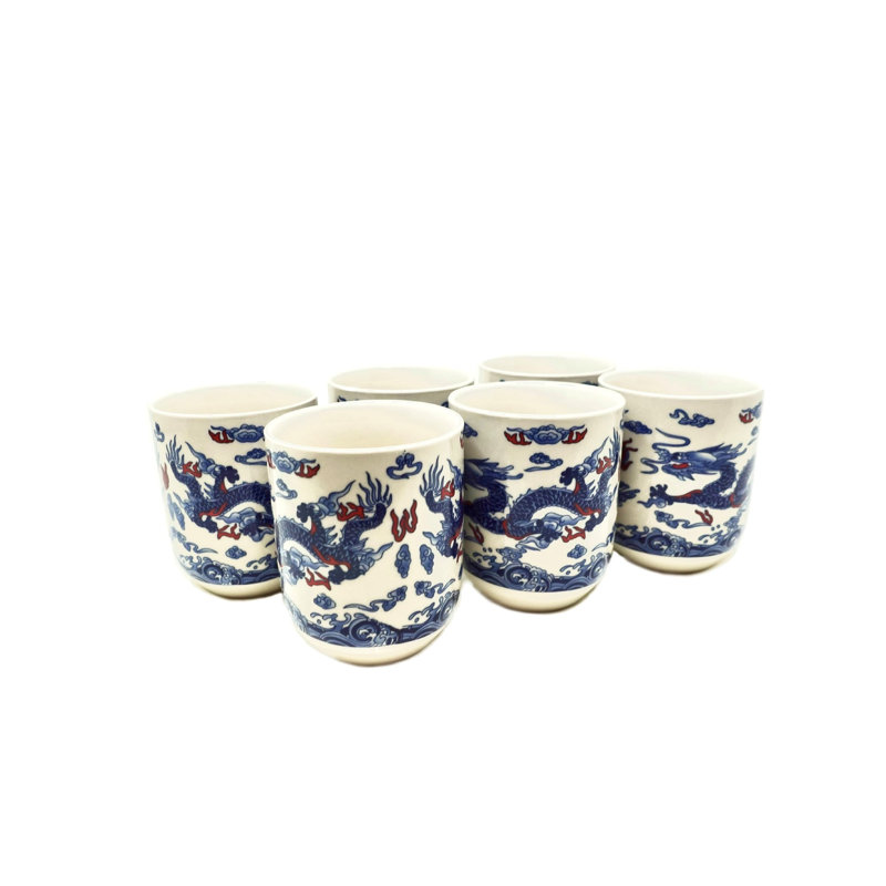 Ensemble de 6 tasses à thé en céramique de conception orientale asiatique avec dragon bleu - capacité de 8 oz chacune