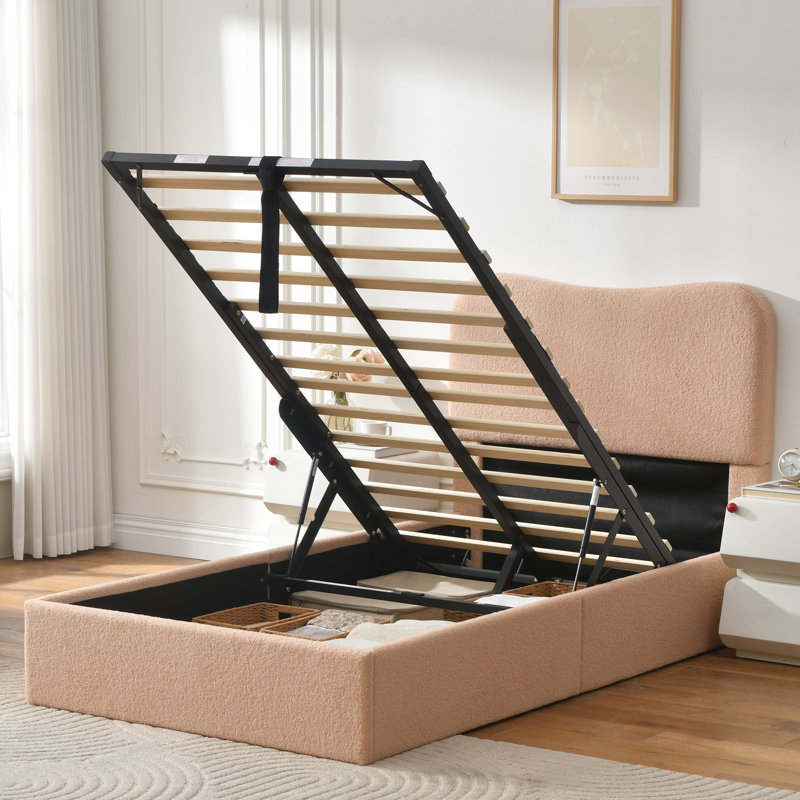 Lit plateforme tapissier Bensu Boucle, Simple, Rosé