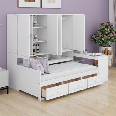 Wooden Daybed With Three Drawers, And All-In-One Cabinet, Desk And Shelves by Red Barrel Studio