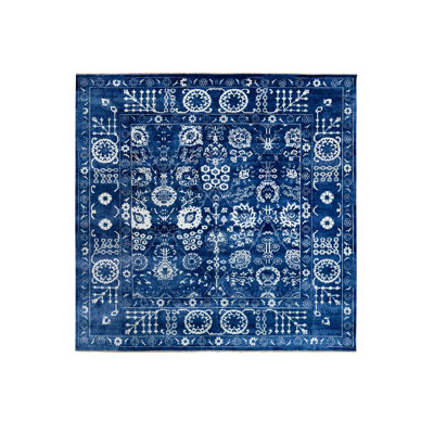 Tapis oriental carré en laine et soie bleu noué à la main 12 pi 2 po x 12 pi 2 po - MOA10258546