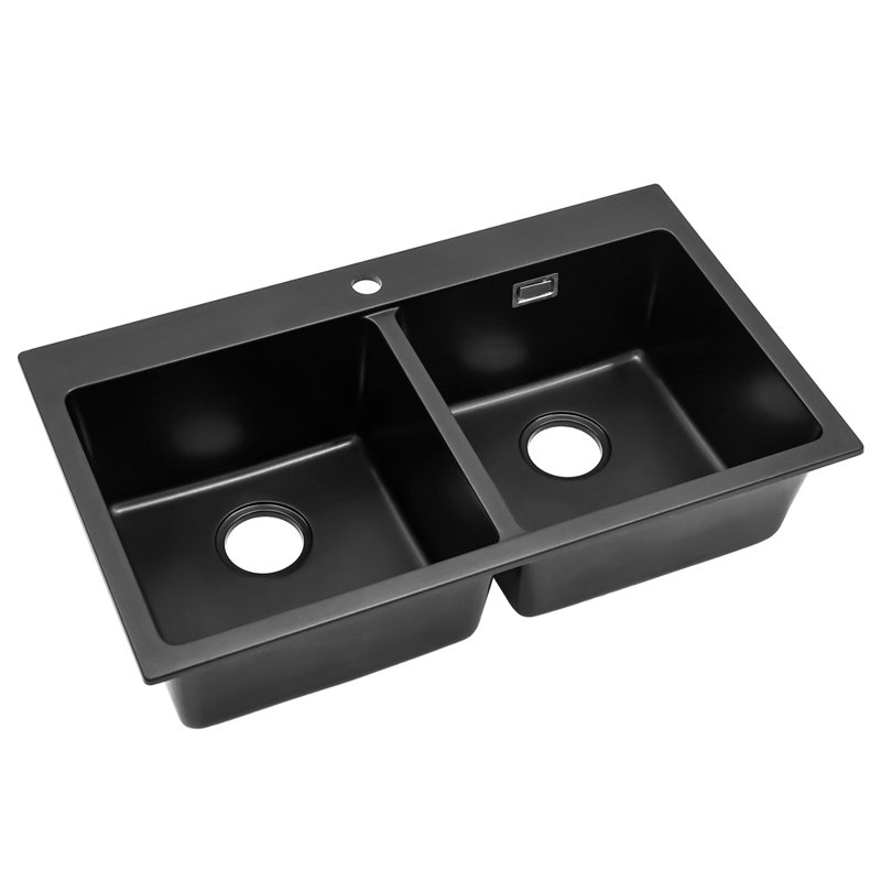 Belfry Kitchen Meena 490mm W Double Bowl Quartz Kitchen Sink with 1 Faucet Hole