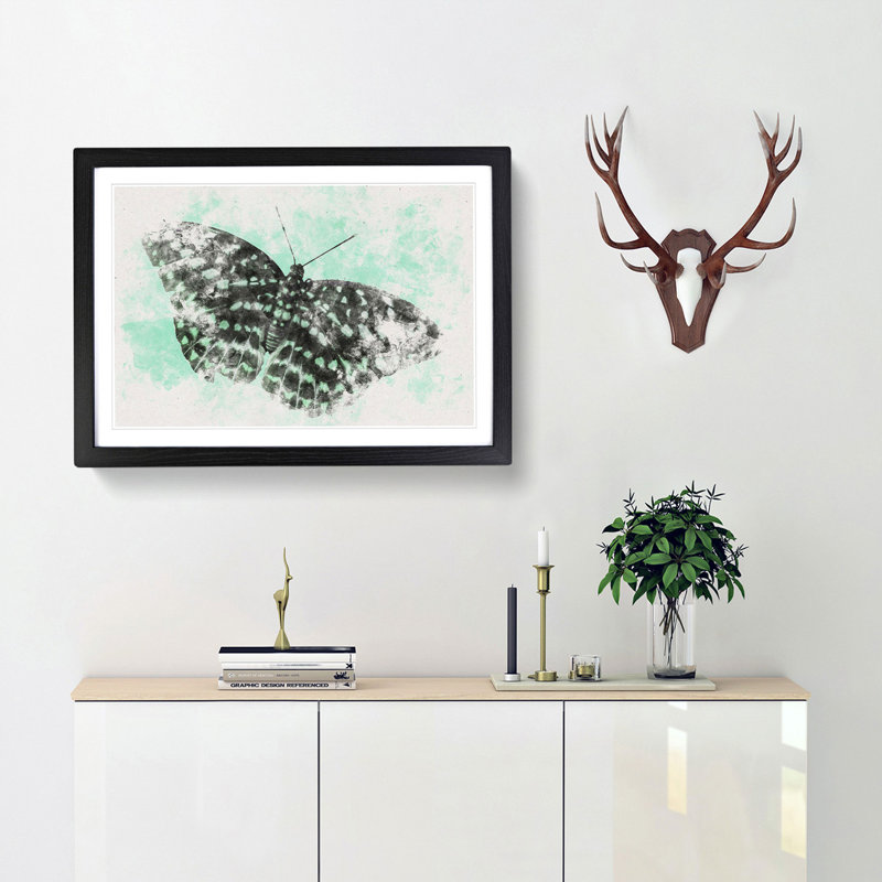 Mint Green Butterfly Art Watercolour - Picture Frame Graphic Art Print, Black Framed, 45cm H x 63cm W x 2cm D