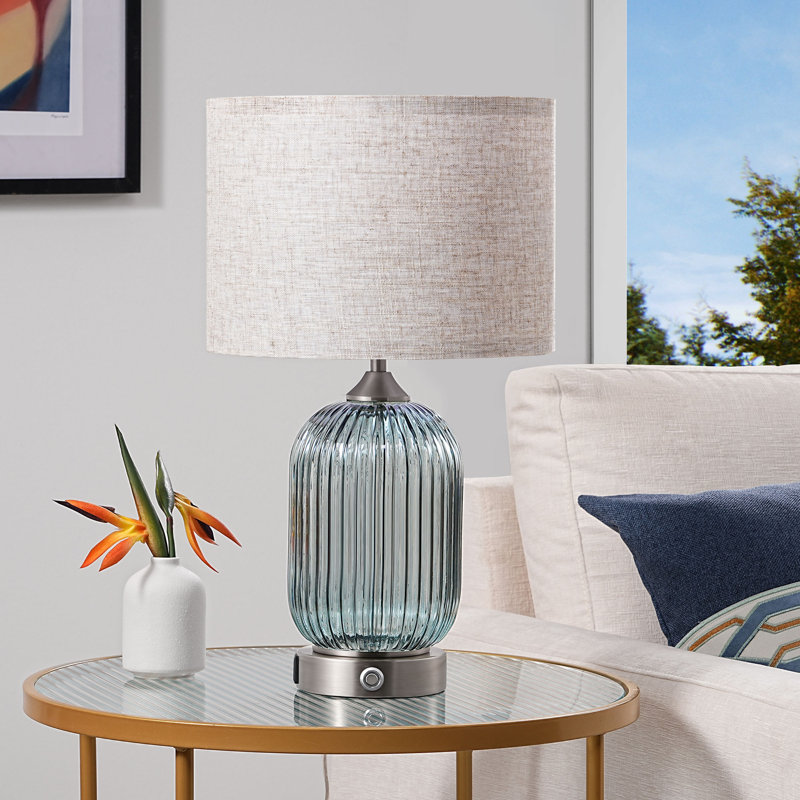18.9" H Dimmable Ribbed Table Lamp with USB Port, Blue
