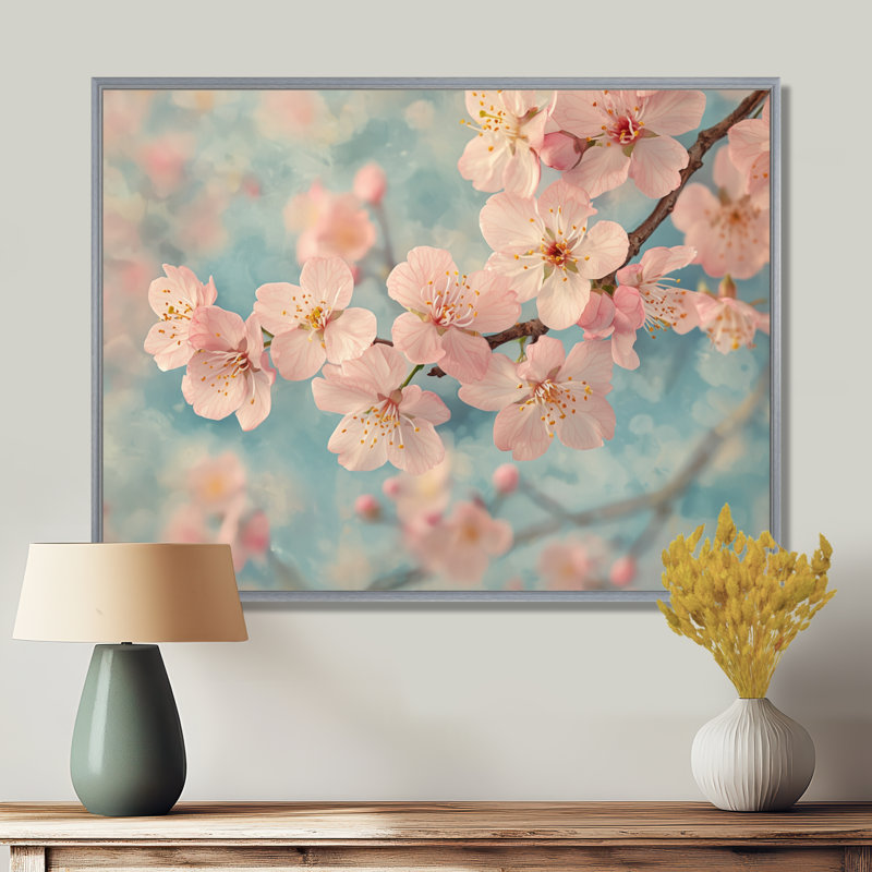 Fleur de cerisier rose au printemps - Art mural fleur de cerisier, H 34 po x l 44 po, Cadre flottant, Argent argent