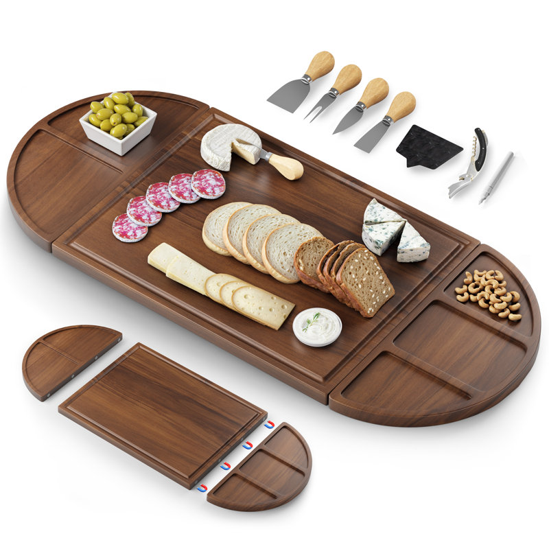 Très grande planche à charcuterie, ensemble de planches à fromage 30 po x 13 po Acacia | Trois planches magnétiques longues et rondes créent un plateau de service flexible avec couteaux, ouvre-bouteille et marqueurs de fromage