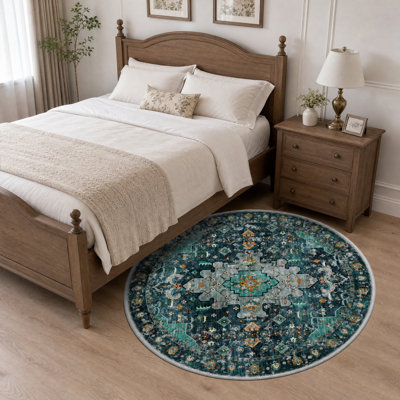 Tapis oriental persan bleu sarcelle lavable à la machine à faible épaisseur, antidérapant, antidérapant pour le salon, la salle à manger et la chambre à coucher 