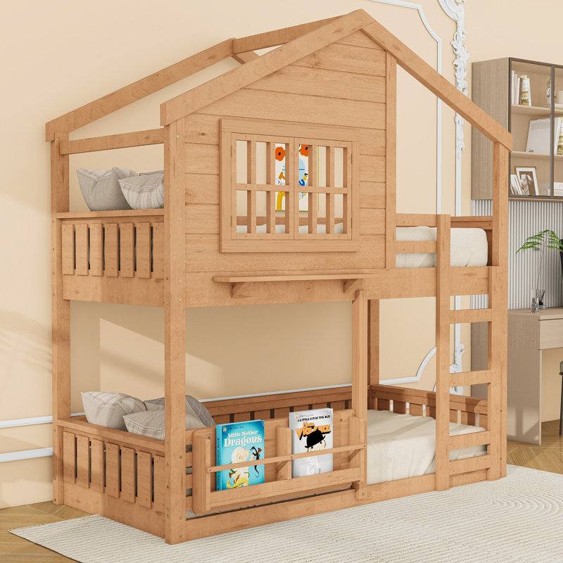 Wood House Bunk Bed with Ladder, Twin Over Twin