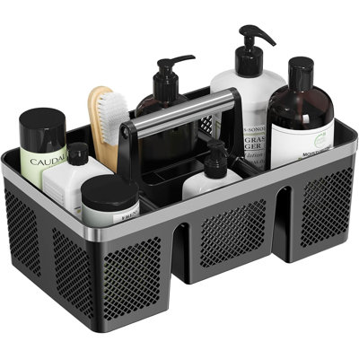 Panier de douche en plastique pour dortoir : panier de nettoyage et de douche portatif avec poignée, 4 compartiments séparés, panier rigide en plastique, noir/argent