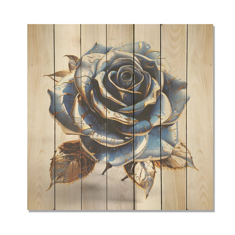 Verre doré et rose bleu I - Rose sur bois, H 36 po x l 36 po