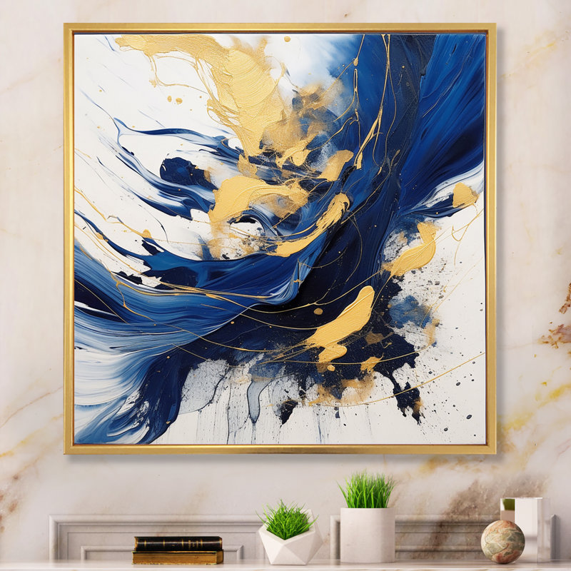 Art mural bleu foncé et or V - Fractals, Cadre flottant doré, H 36 po x l 36 po x P 1,5 po