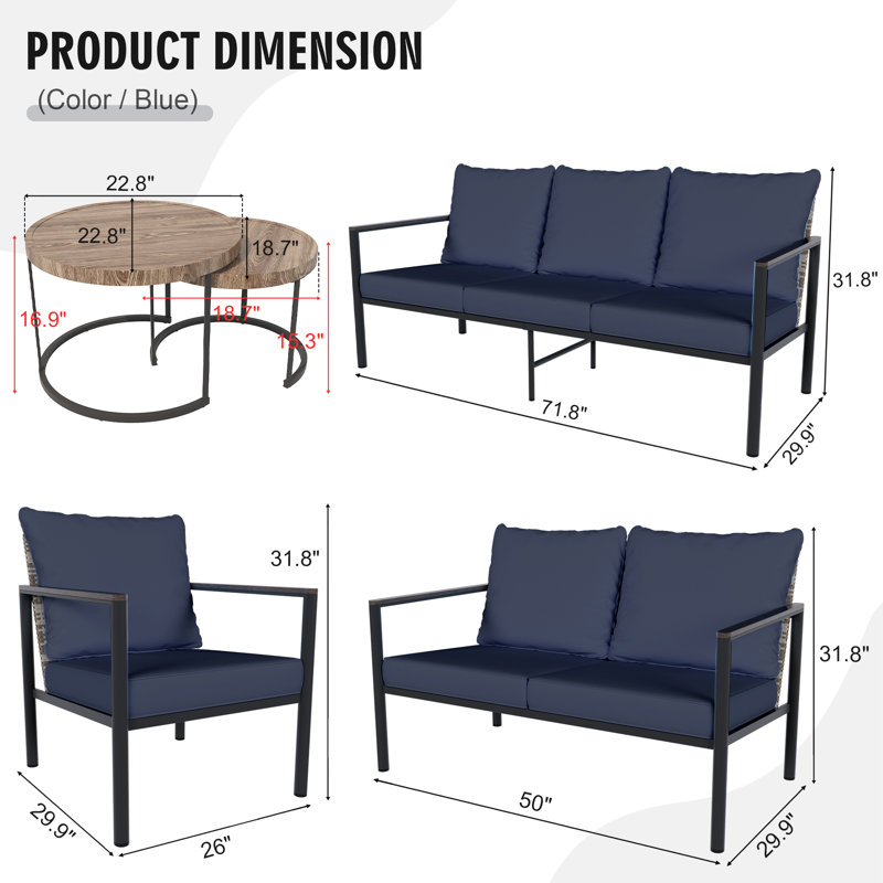 Ensemble de patio extérieur 5 pièces - canapé 3 places, causeuse 2 places, fauteuil et table - Osier PE avec cadres en acier thermolaqué - Résistant aux intempéries pour le patio, la terrasse et la cour