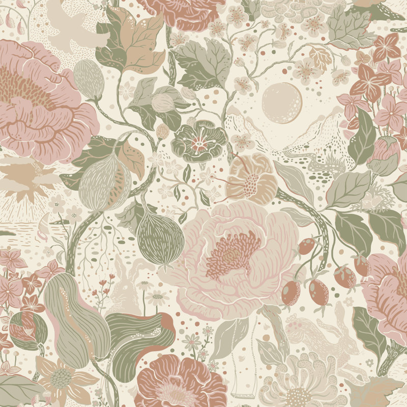 Williamsen Växa Large Floral Motifs 10.05m x 53cm Wallpaper Roll, Pink/Green/Cream
