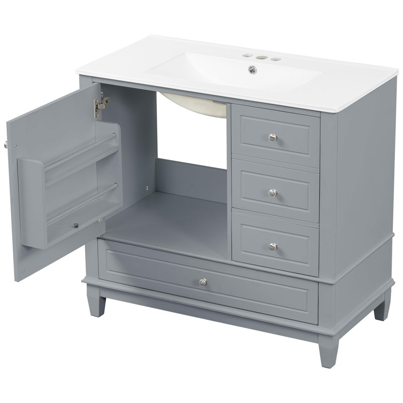 Meuble-lavabo sur pied 36 po avec lavabo en céramique, panneau de fibres à densité moyenne et base en bois massif, 3 tiroirs et armoire avec tablettes, finition peinte grise, meuble-lavabo autoportant avec trous de robinet de 4 po