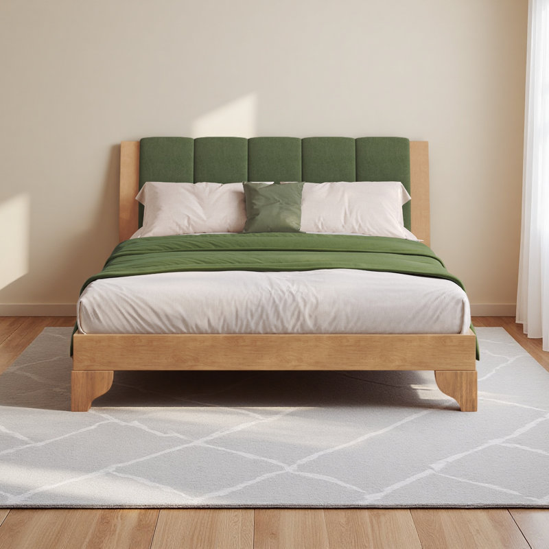 Cadre de lit en bois de pin de qualité supérieure, cadre de lit avec tête de lit inclus, lit Mid-Century moderne, Naturel