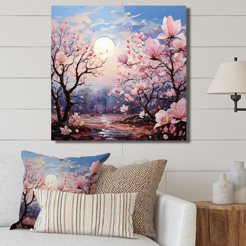 Motif de pointillisme rose et bleu sur fond de magnolia, H 16 po x l 16 po x P 1 po, Toile tendue