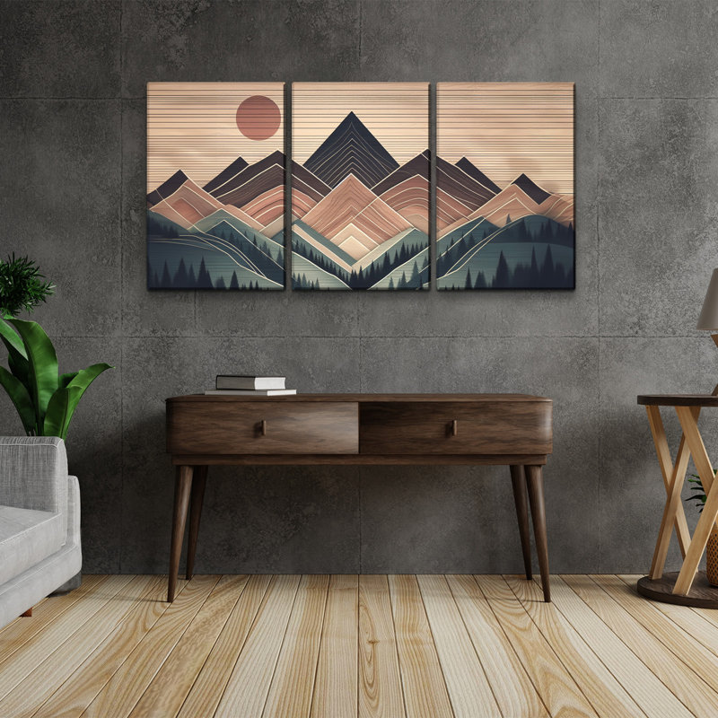Abstrait grain de bois de style bohème de montagne encadré sur toile, ensemble de 3 pièces, H 12 po x l 18 po x P 4,5 po
