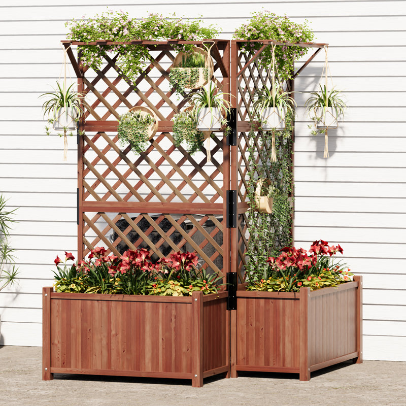 Set of 2 Raised Garden Beds with Trellis, Natural Wood Planter Boxes with Drainage Holes for Vegetables & Climbing Plants, Privacy Screen, Easy Assembly
