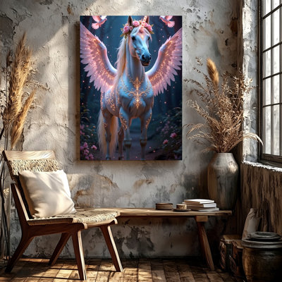 Winged Unicorn Forest 24X36 Canvas Wall Art Print, Pink Fantasy Floral Decorative Artwork For Living Room, Bedroom, Hallway, Entryway, And Gallery Wall Decor, Modern Home Accent