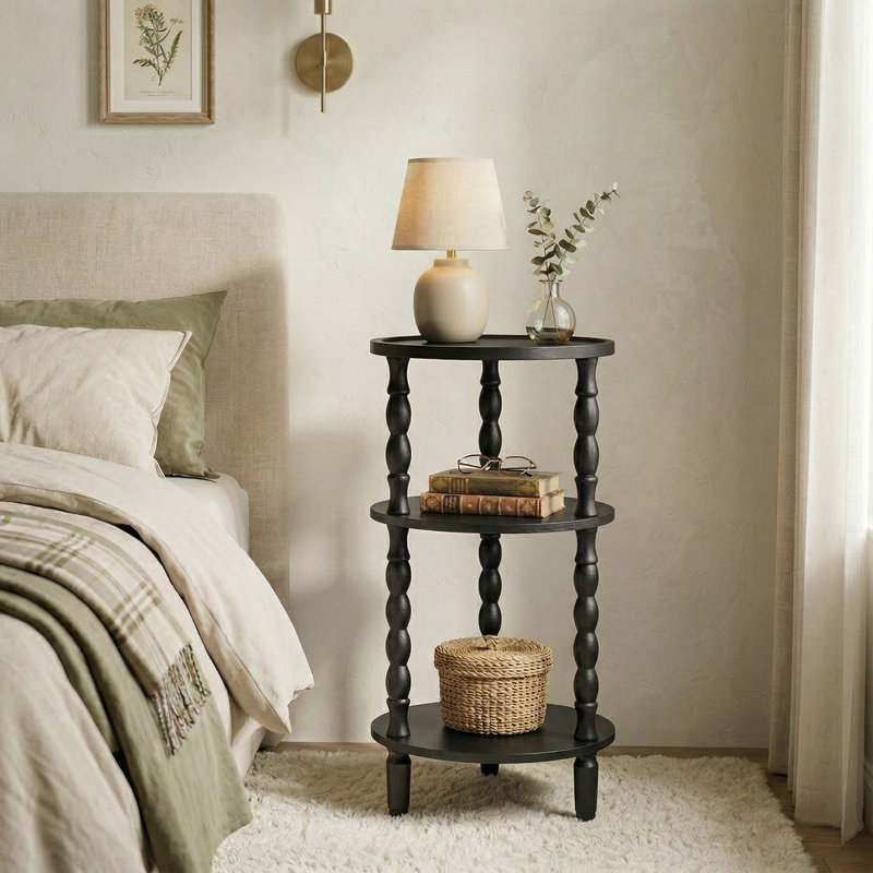 Table d'appoint ronde à 3 niveaux avec pieds en bois massif, Noir