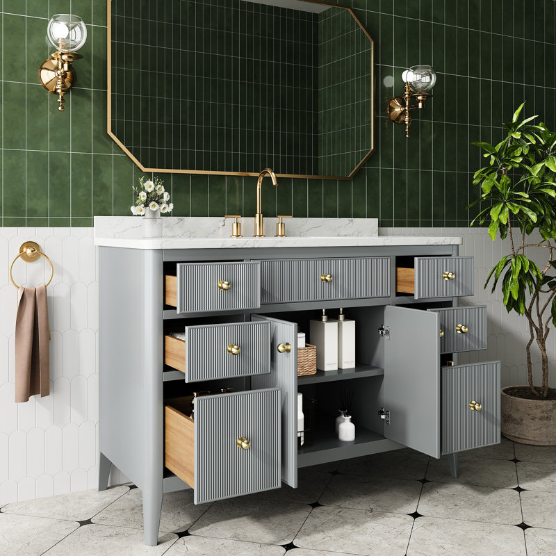 Meuble-lavabo autoportant 48 po gris, en bois massif, en marbre massif de 1 2/5 po d'épaisseur et portes à fermeture en douceur