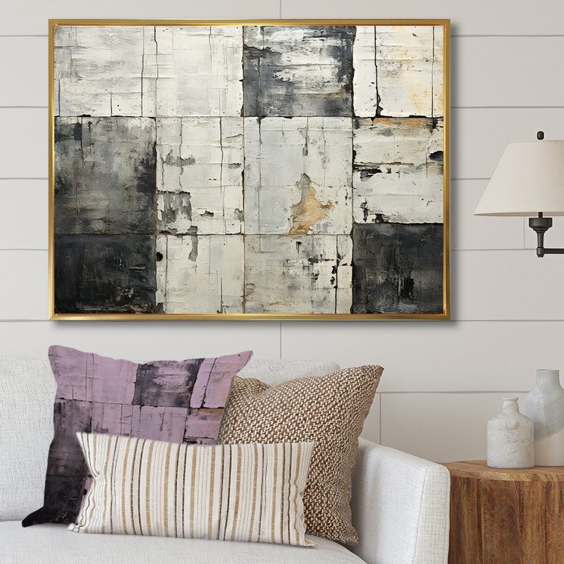 Carreau abstrait gris et gris II, H 24 po x l 32 po x P 1 po, Cadre flottant blanc