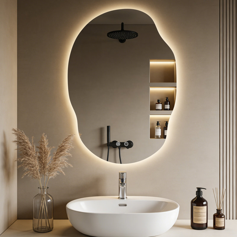 Asymmetrical LED Backlit Frameless Mirror with Anti-Fog, 3 Color Dimmable Light, 22"x31"