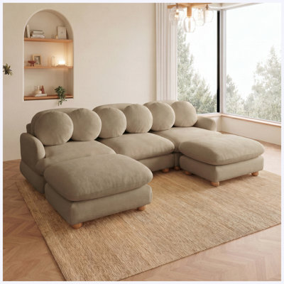 Sofa Comfy Chenille Modular Sectional , 5 Seater Deep Seat Couch with 6 Throw Pillows,Movable Ottoman,Solid Wood Frame for Living Room, Bedroom and Ap