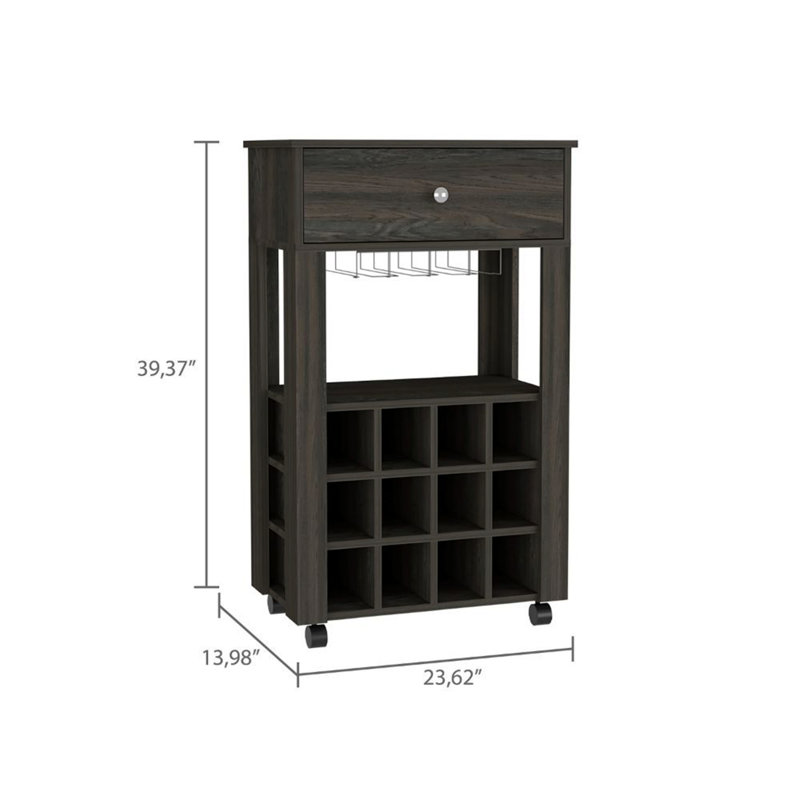 Chariot-bar, douze porte-bouteilles encastrés, quatre pieds, une tablette ouverte, Brun