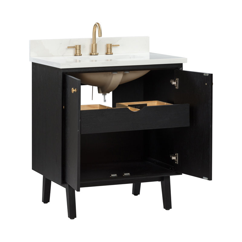 Adele 30'' Free Standing Single Bathroom Vanity with Quartz Top, Black, Gold