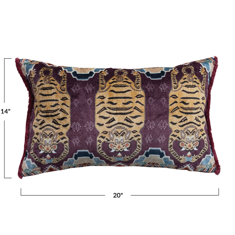 Coussin lombaire en velours de coton avec motif de tigres du Tibet, perles et frange de cils