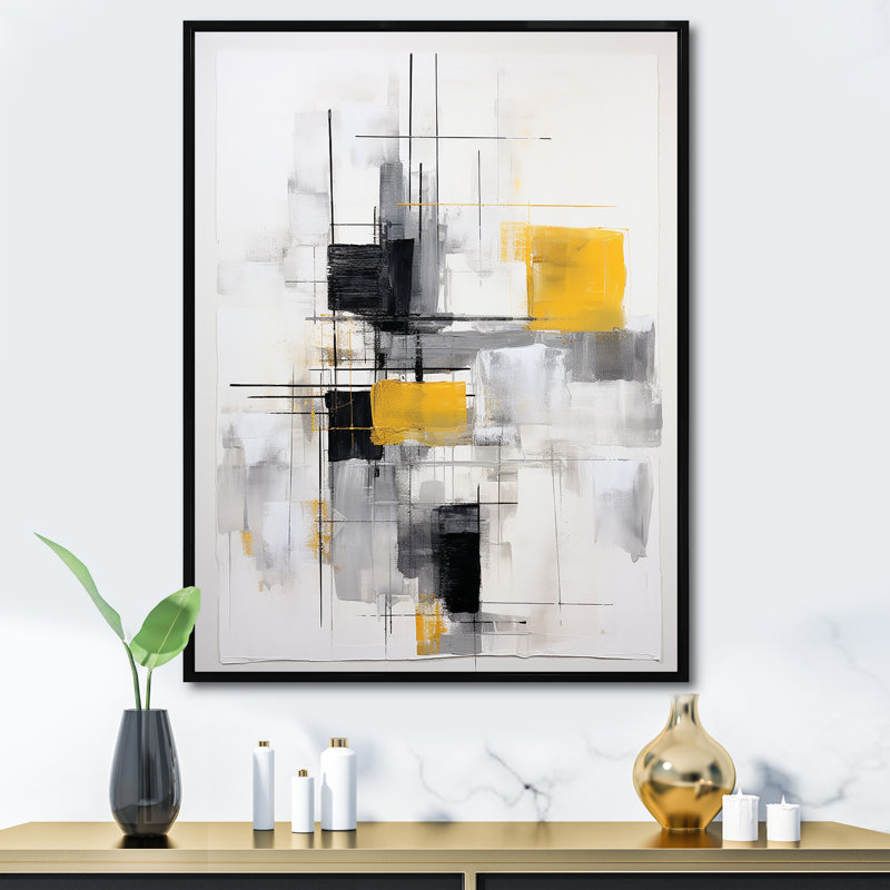 «Freedia» gris jaune, minimalisme pureté de la forme II sur toile, Cadre flottant noir, H 32 po x l 16 po x P 1 po