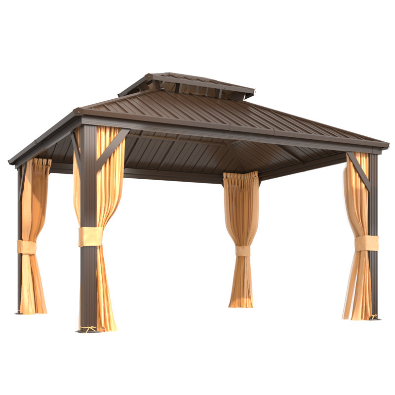 Erommy 12' x 12' Brown Aluminum Frame Gazebo with Curtains and Netting