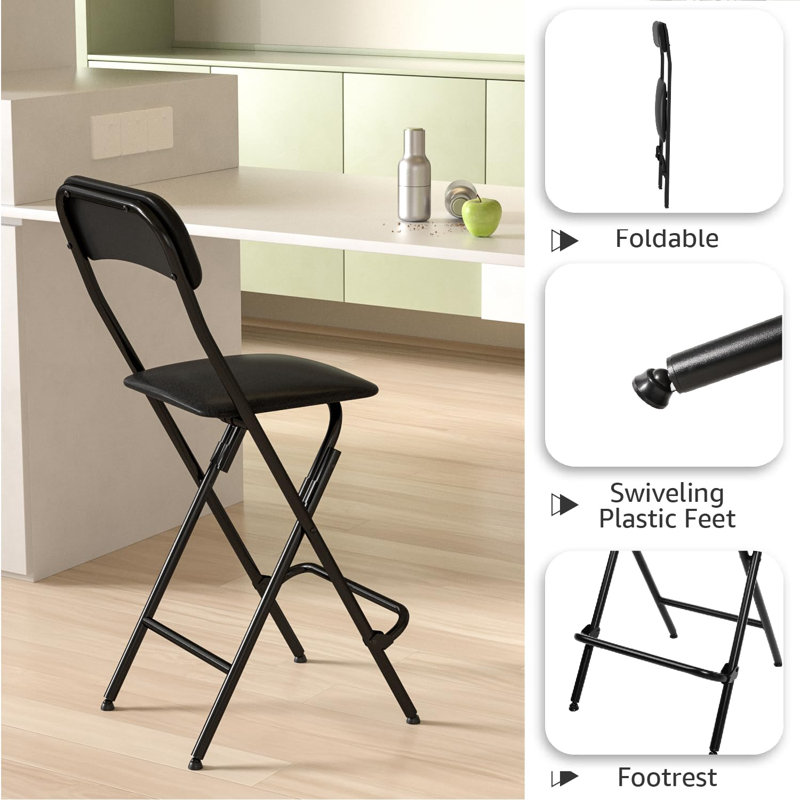 Tall Leather Padded Folding Bar Stool With Back, For Kitchen Bar - 2PC, Black, 19.3"D X 16.5"W X 38.2"H