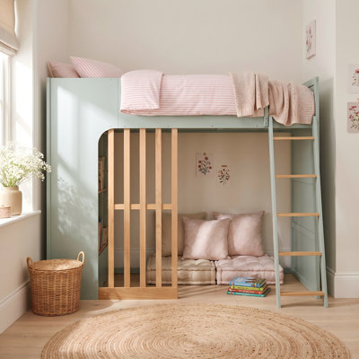 Wooden High Sleeper Loft Bed with Storage Shelves and Dual-Side Accessible Drawer, Two-Tone Loft Bed Frame for Kids